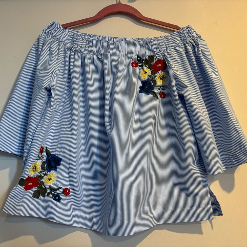 Ripe Blue and White Striped Top with Floral Embroidery